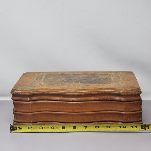 Vintage Wooden Dovetail Jewelry Box With Mirror & Floral Design - Picture 10 of 12